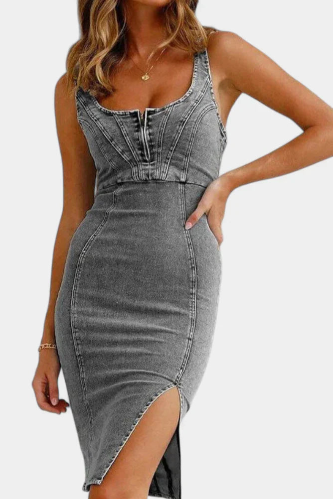 Vestido Denim Abertura Frontal