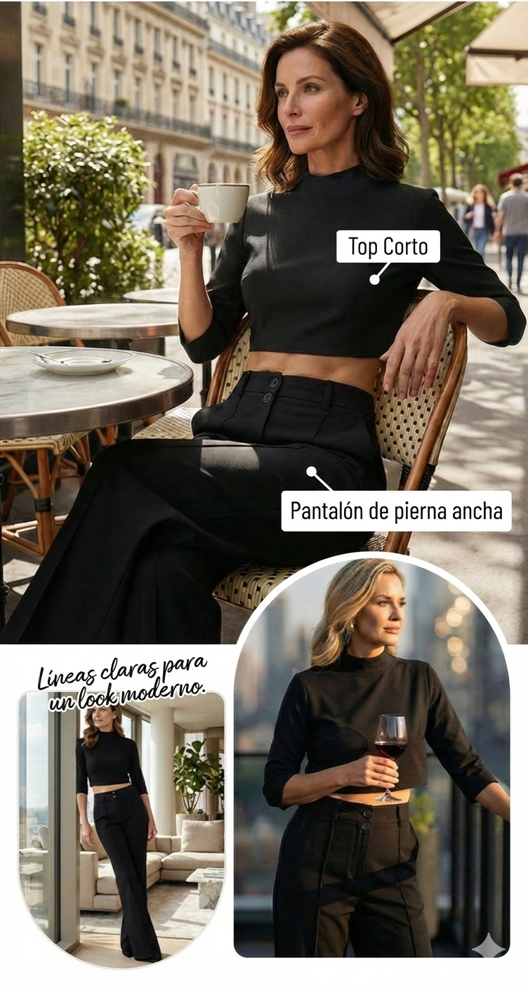 Elegante conjunto: top corto y  pantalones anchos para mujer.