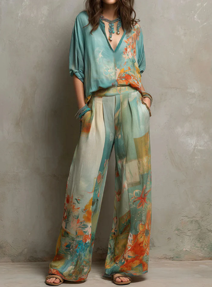 Chiara | Elegante conjunto de estampado floral con pantalón de pierna ancha