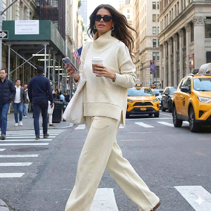 Conjunto de sudadera con cuello alto y cremallera lateral y pantalones.