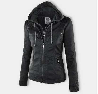 CHAQUETA DE CUERO CON CAPUCHA