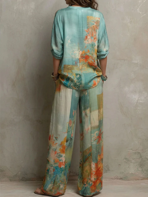 Chiara | Elegante conjunto de estampado floral con pantalón de pierna ancha