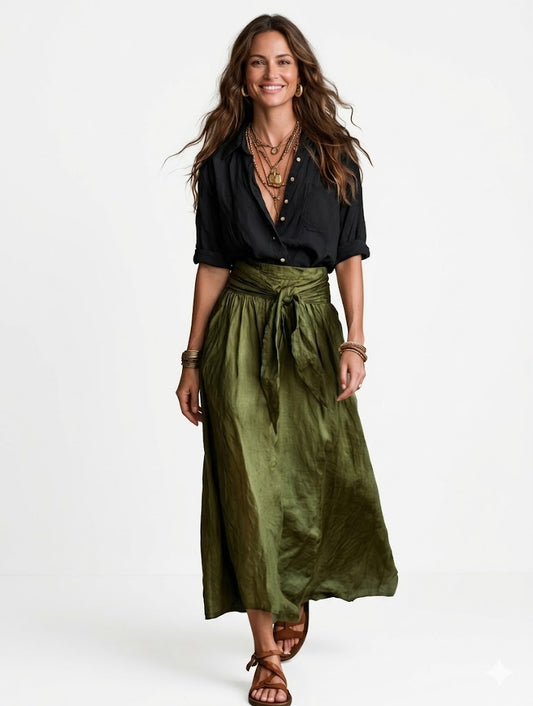 Catalina ™|  Conjunto de dos piezas: camisa negra y falda midi verde oliva