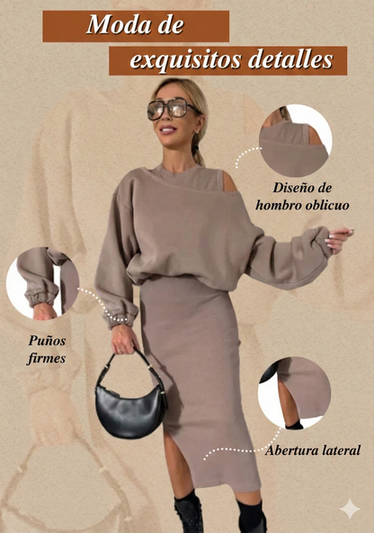 Conjunto: sudadera con hombros caídos y vestido sin mangas