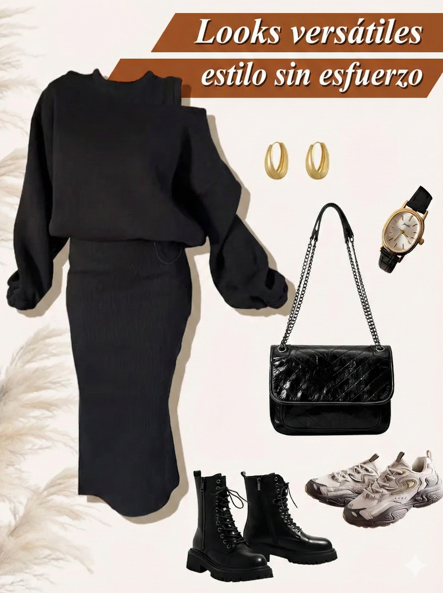 Conjunto: sudadera con hombros caídos y vestido sin mangas