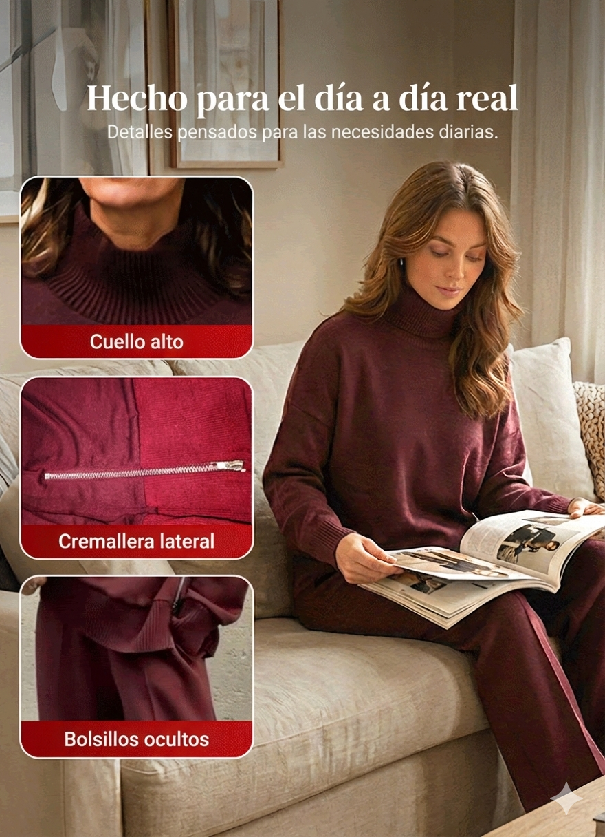 Conjunto de sudadera con cuello alto y cremallera lateral y pantalones.