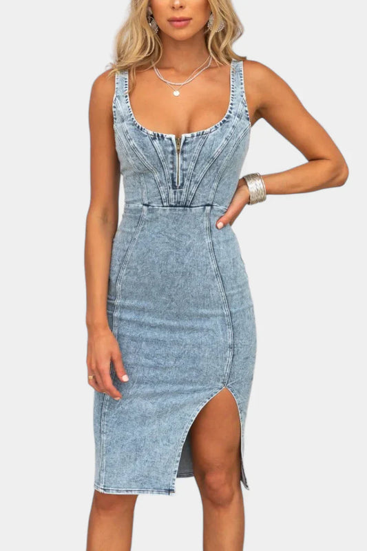 Vestido Denim Abertura Frontal