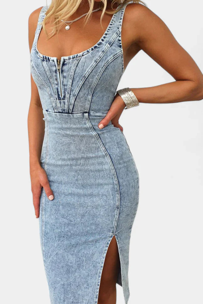 Vestido Denim Abertura Frontal
