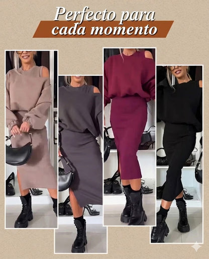 Conjunto: sudadera con hombros caídos y vestido sin mangas